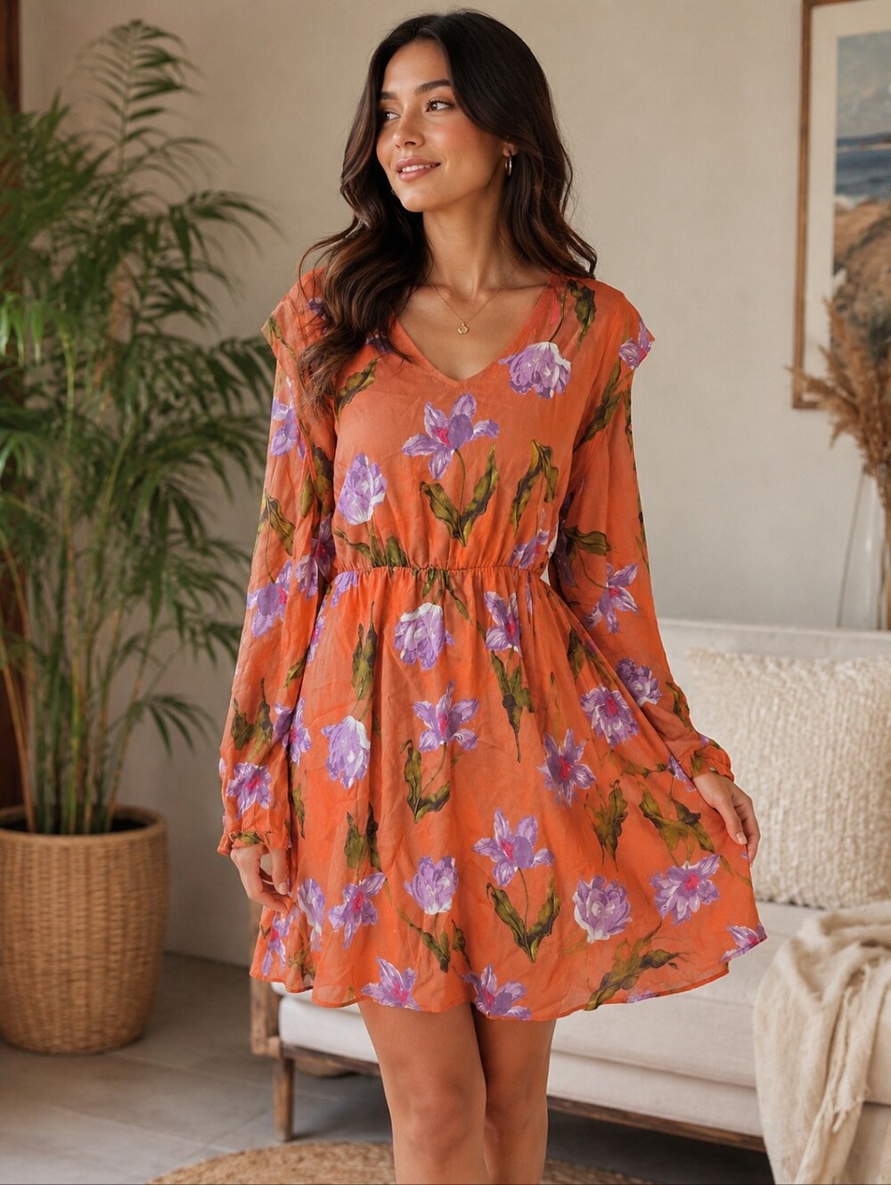 💖As Is Vera Moda Bohemian Rust Floral V-Neck Dress-Flower Print Sm P2p18 L36